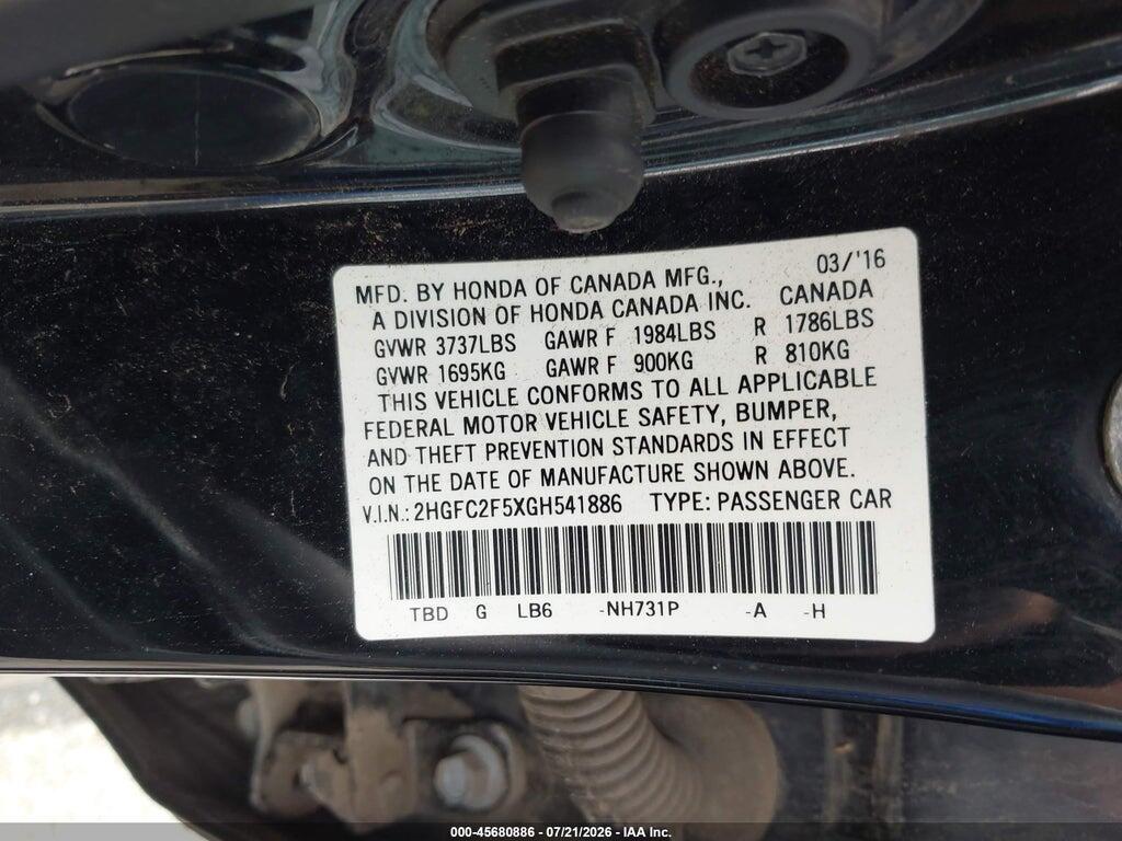 2HGFC2F5XGH541886 2016 HONDA CIVIC photo no. 9