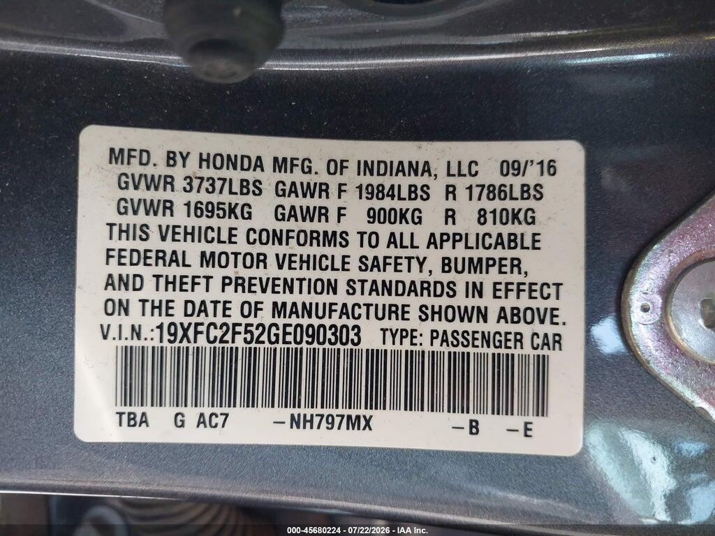 19XFC2F52GE090303 2016 HONDA CIVIC photo no. 9