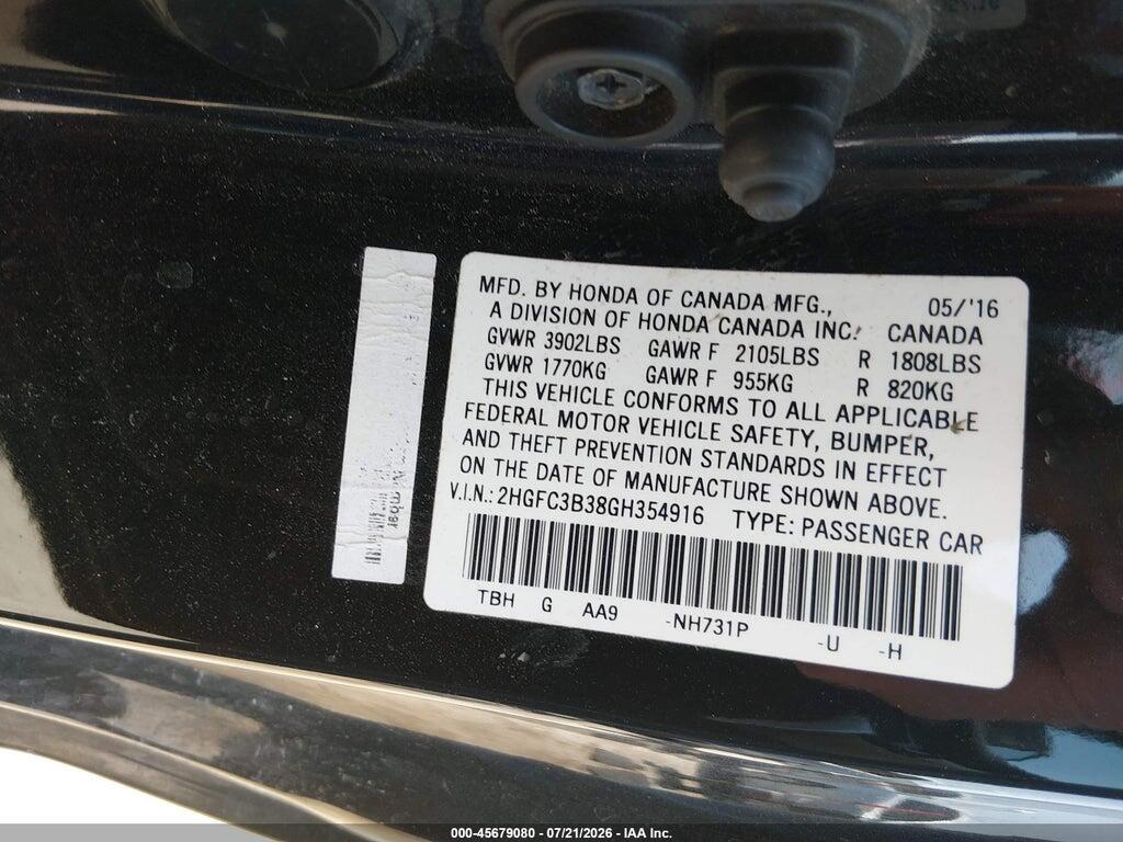 2HGFC3B38GH354916 2016 HONDA CIVIC photo no. 9