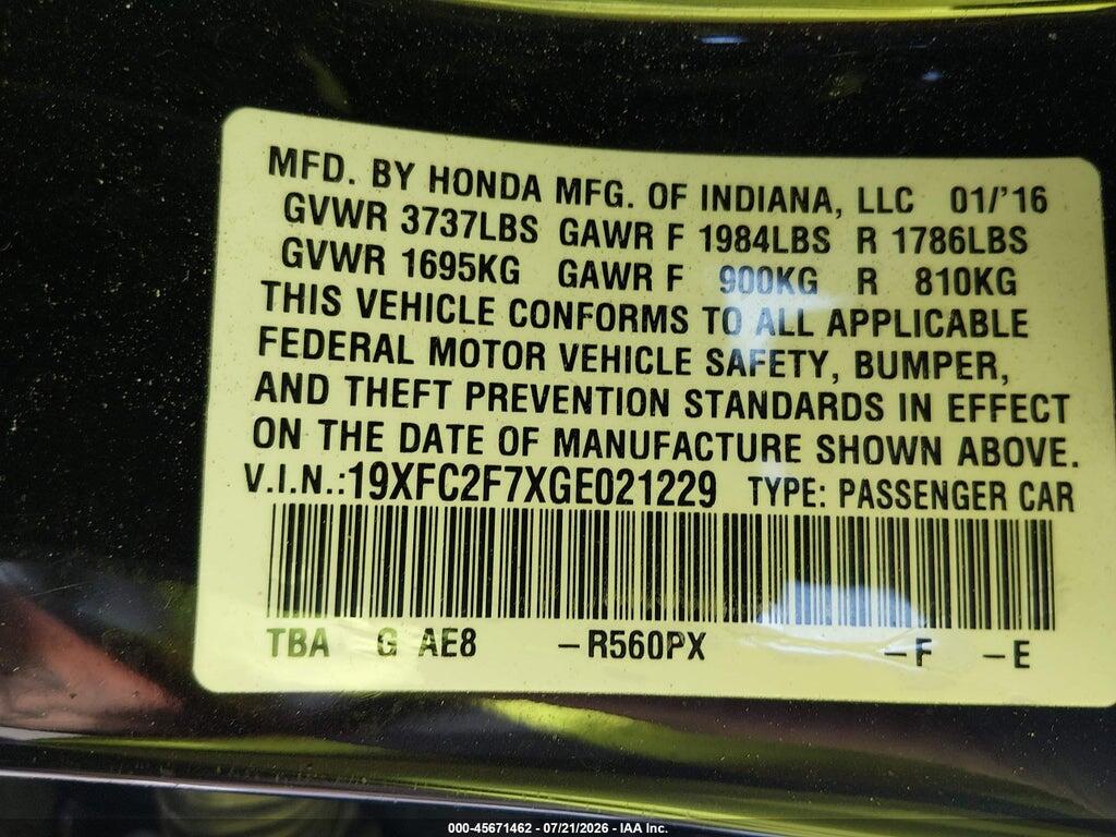 19XFC2F7XGE021229 2016 HONDA CIVIC photo no. 9