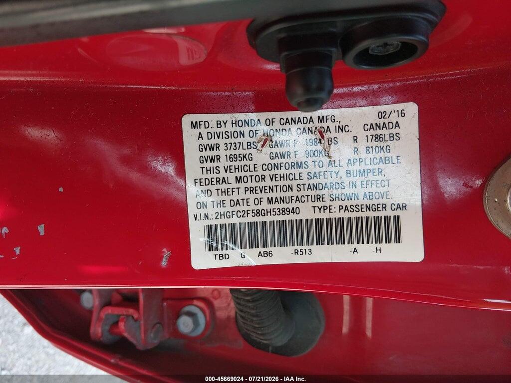 2HGFC2F58GH538940 2016 HONDA CIVIC photo no. 9