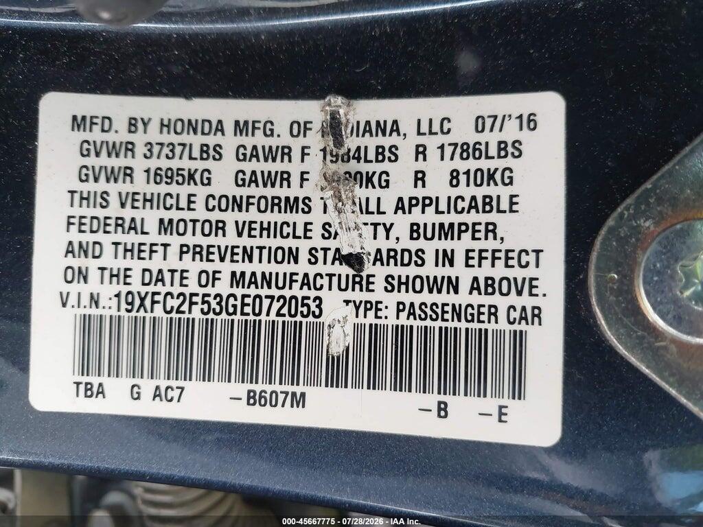 19XFC2F53GE072053 2016 HONDA CIVIC photo no. 9
