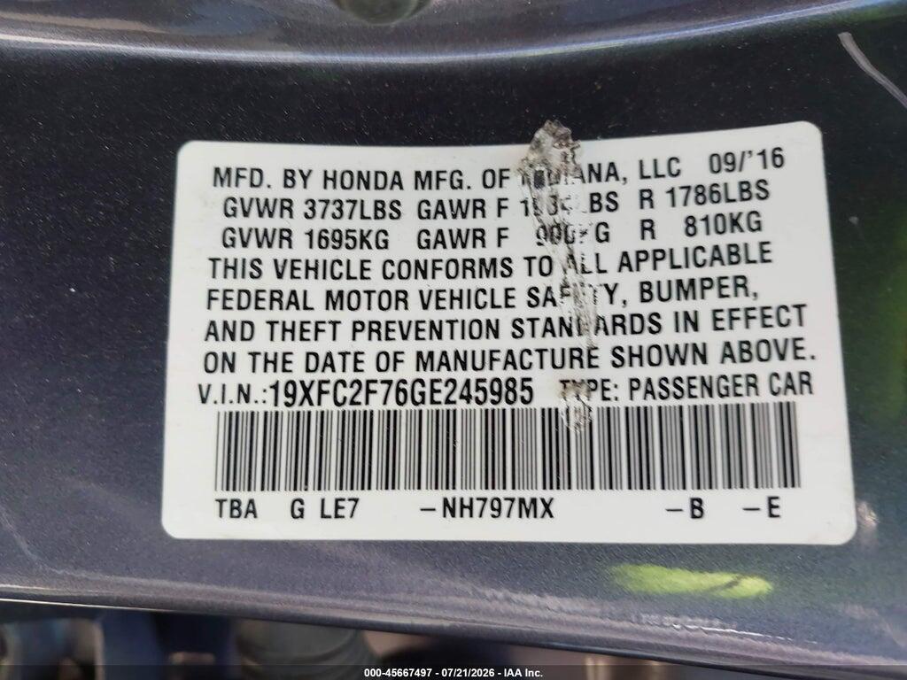 19XFC2F76GE245985 2016 HONDA CIVIC photo no. 9