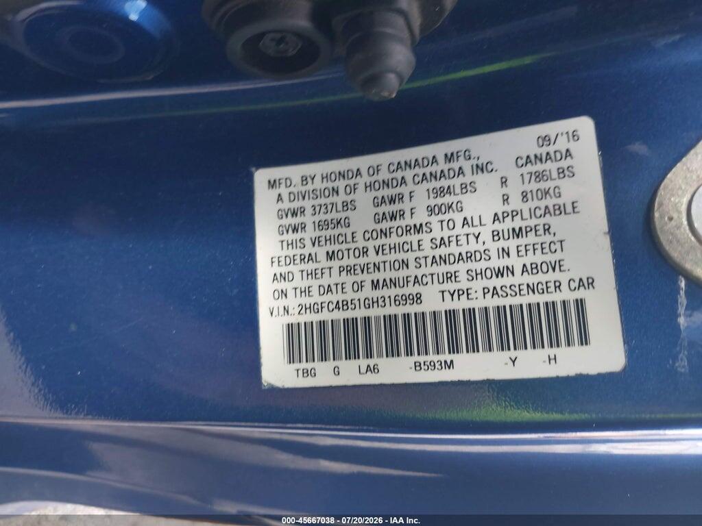 2HGFC4B51GH316998 2016 HONDA CIVIC photo no. 9