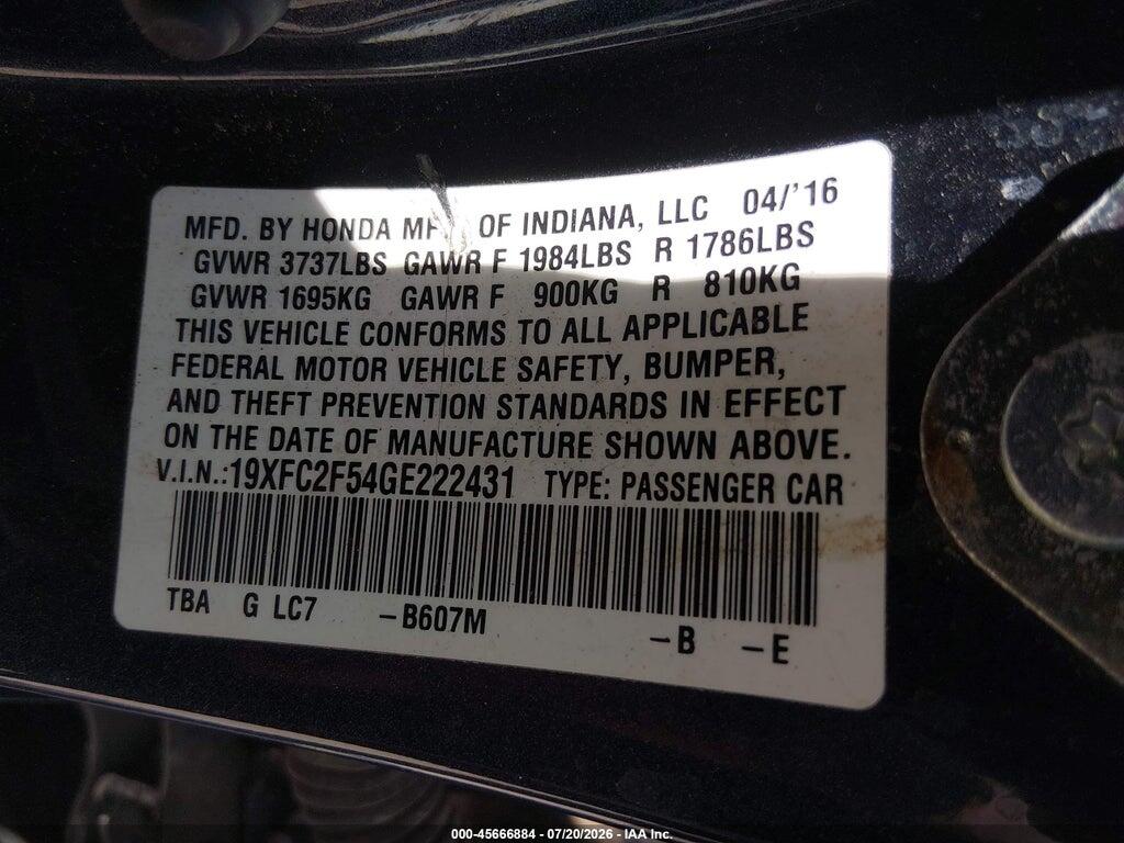 19XFC2F54GE222431 2016 HONDA CIVIC photo no. 9