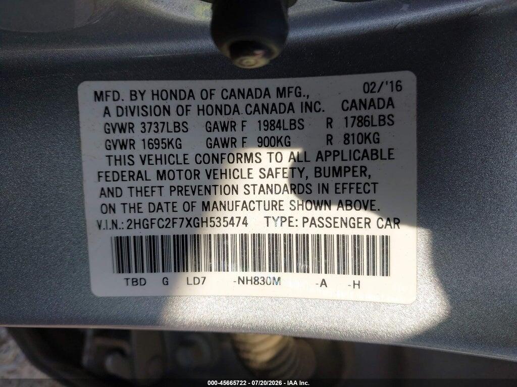 2HGFC2F7XGH535474 2016 HONDA CIVIC photo no. 9