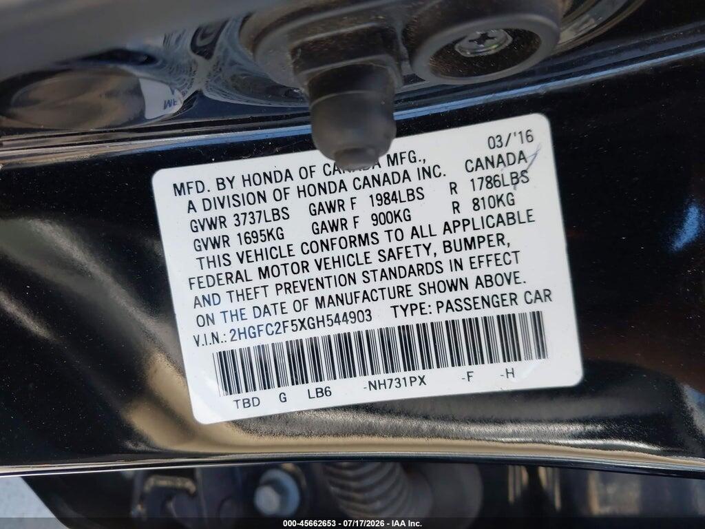 2HGFC2F5XGH544903 2016 HONDA CIVIC photo no. 9