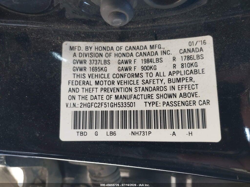 2HGFC2F51GH533501 2016 HONDA CIVIC photo no. 9