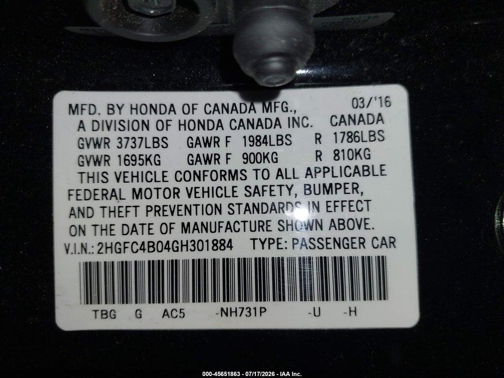 2HGFC4B04GH301884 2016 HONDA CIVIC photo no. 9