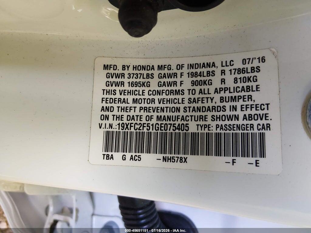 19XFC2F51GE075405 2016 HONDA CIVIC photo no. 9