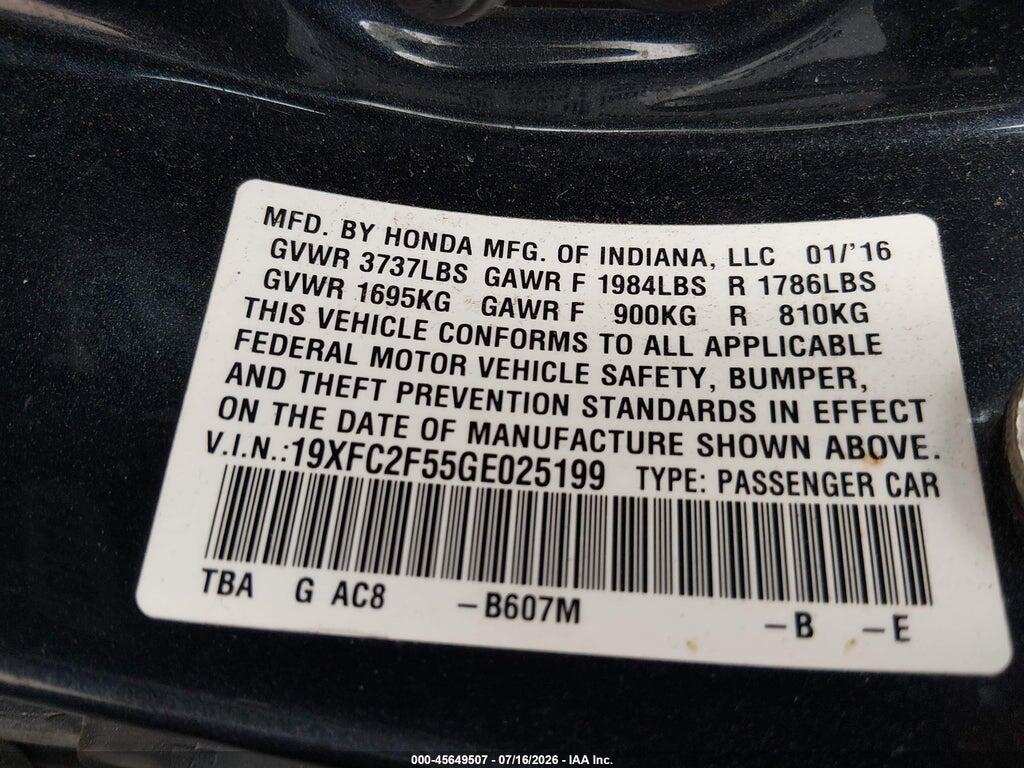 19XFC2F55GE025199 2016 HONDA CIVIC photo no. 9