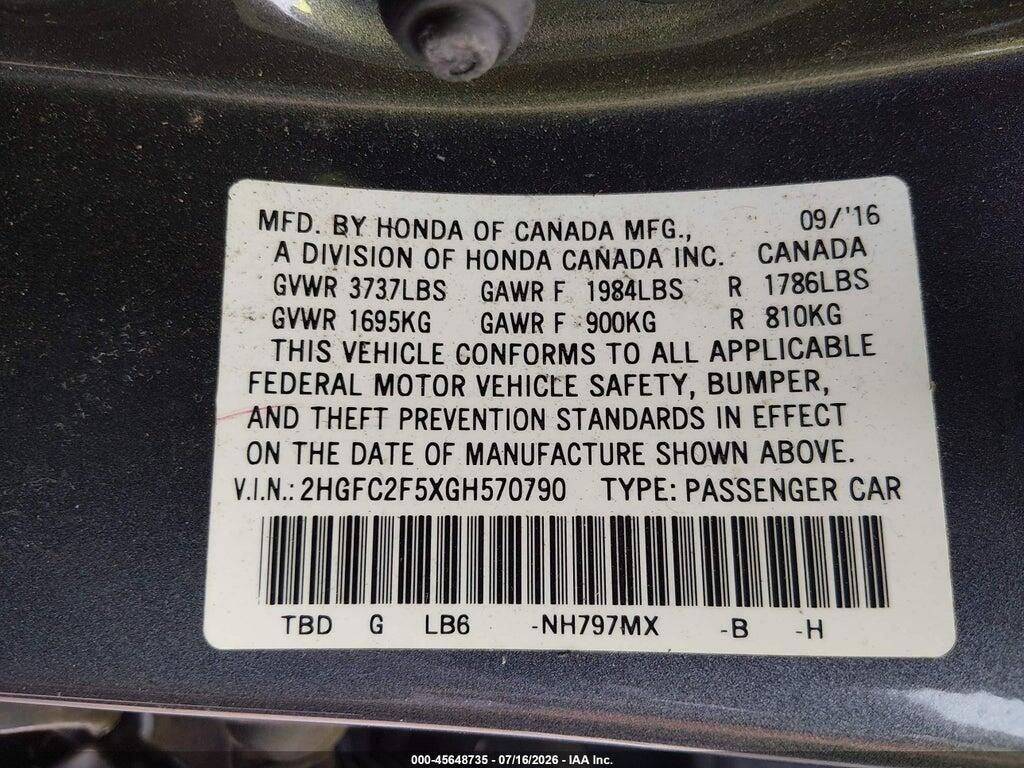 2HGFC2F5XGH570790 2016 HONDA CIVIC photo no. 9