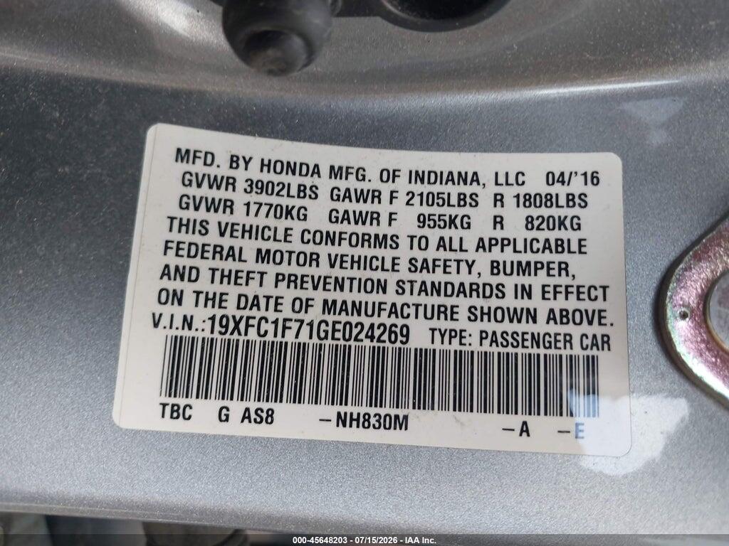 19XFC1F71GE024269 2016 HONDA CIVIC photo no. 9