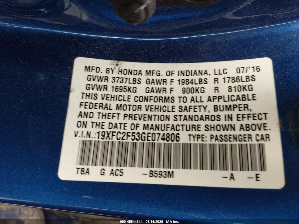 19XFC2F53GE074806 2016 HONDA CIVIC photo no. 9