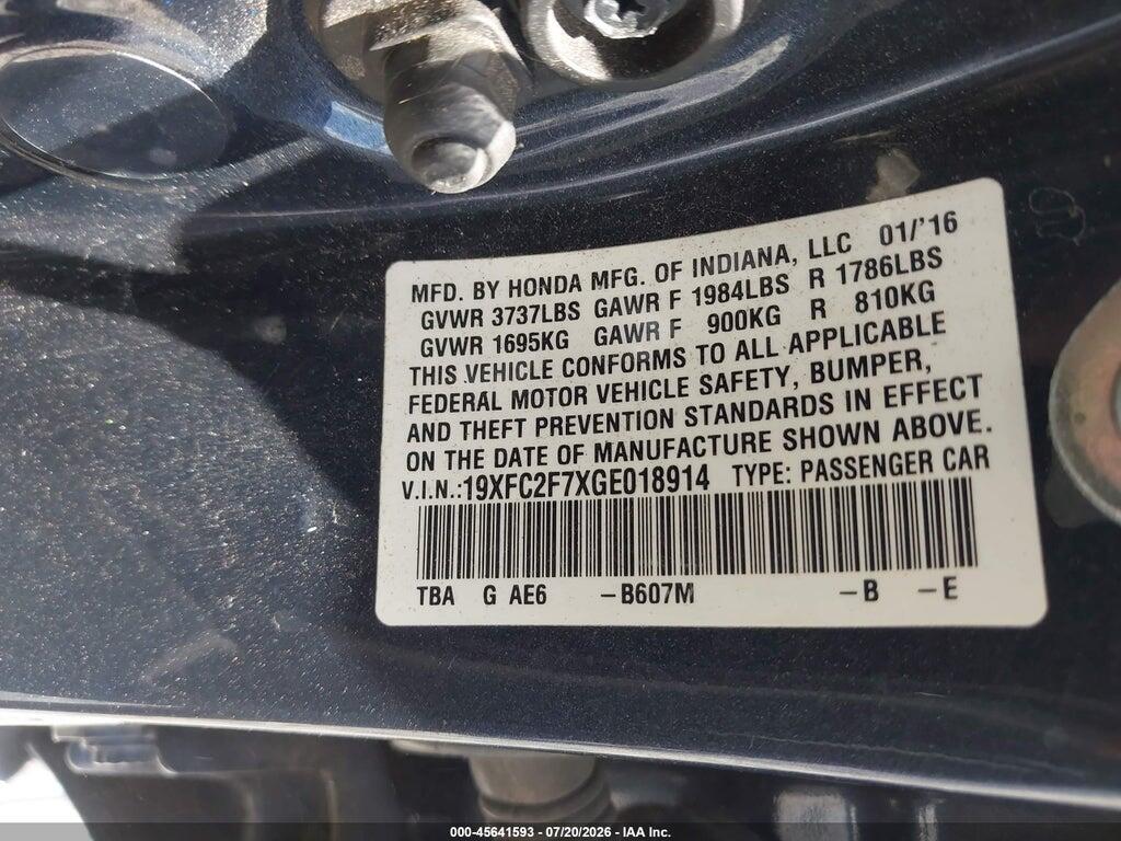 19XFC2F7XGE018914 2016 HONDA CIVIC photo no. 9