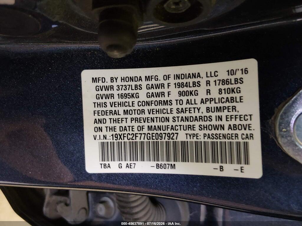 19XFC2F77GE097927 2016 HONDA CIVIC photo no. 9