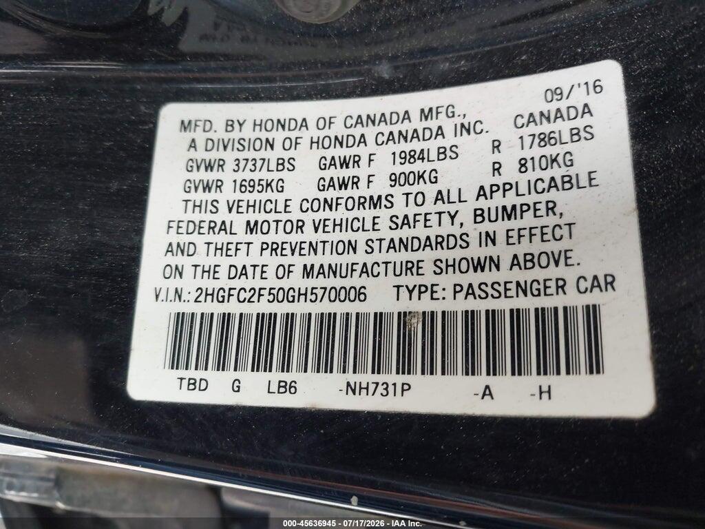 2HGFC2F50GH570006 2016 HONDA CIVIC photo no. 9