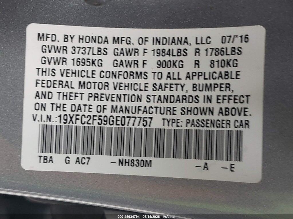 19XFC2F59GE077757 2016 HONDA CIVIC photo no. 9