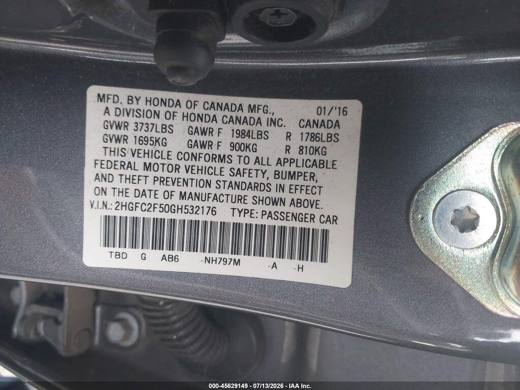 2HGFC2F50GH532176 2016 HONDA CIVIC photo no. 9