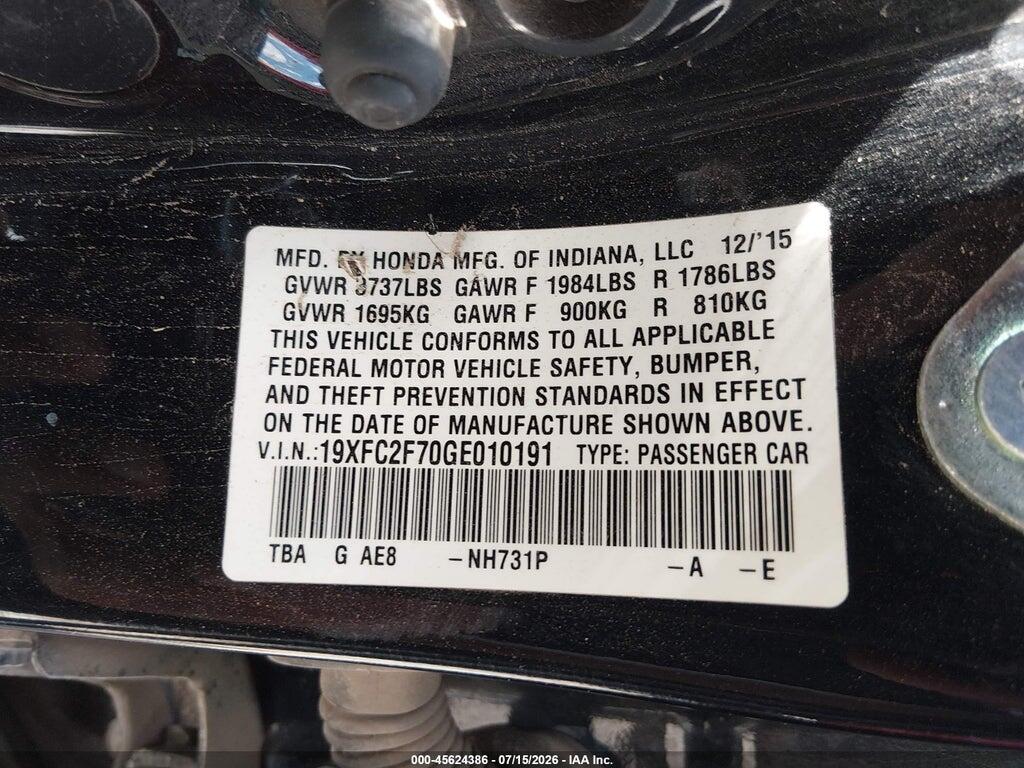 19XFC2F70GE010191 2016 HONDA CIVIC photo no. 9