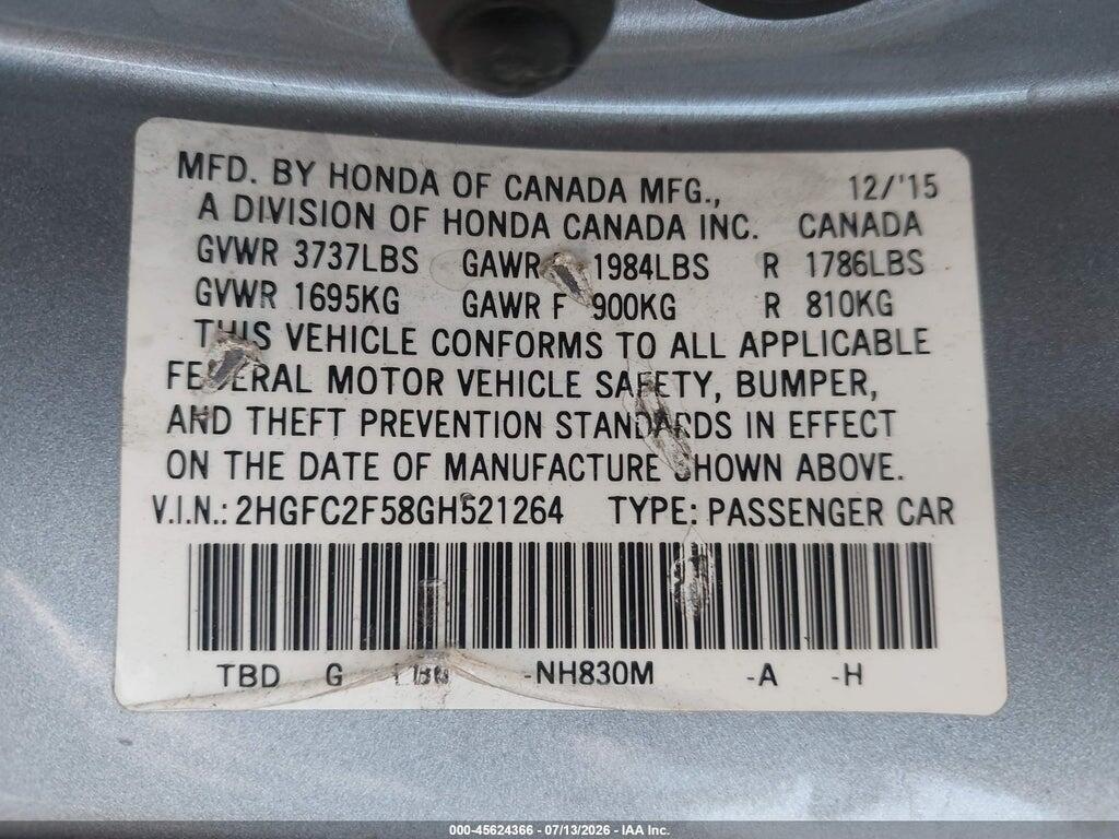 2HGFC2F58GH521264 2016 HONDA CIVIC photo no. 9