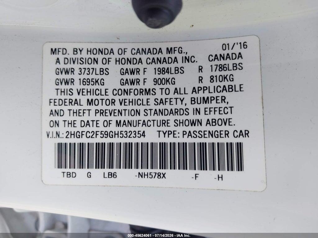 2HGFC2F59GH532354 2016 HONDA CIVIC photo no. 9