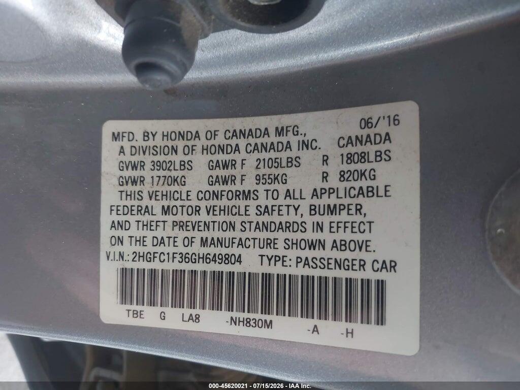 2HGFC1F36GH649804 2016 HONDA CIVIC photo no. 9