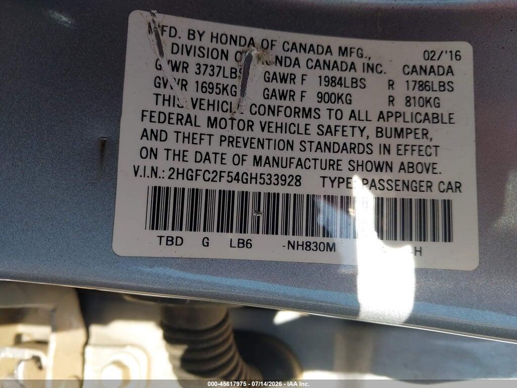 2HGFC2F54GH533928 2016 HONDA CIVIC photo no. 9