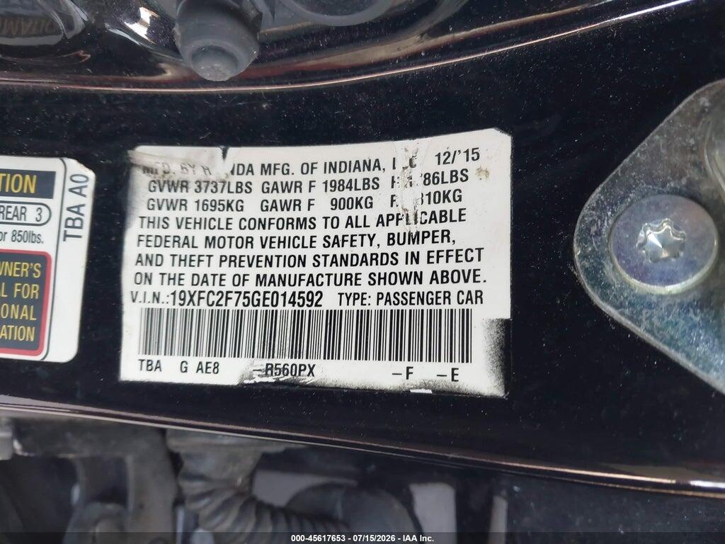 19XFC2F75GE014592 2016 HONDA CIVIC photo no. 9