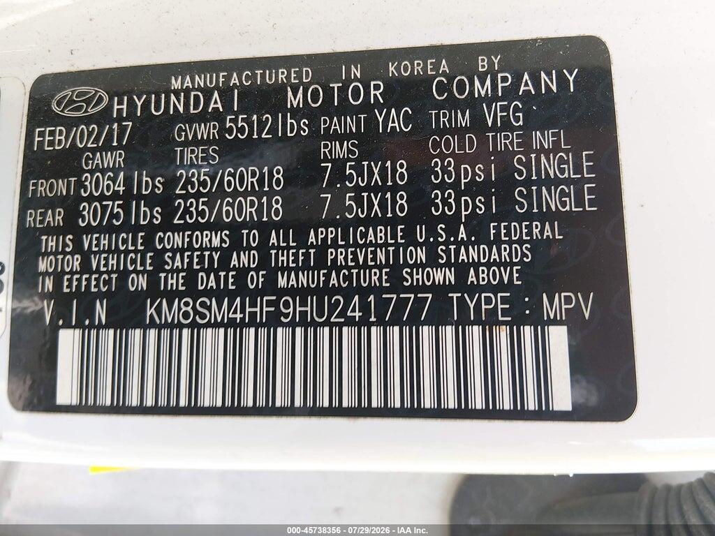 KM8SM4HF9HU241777 2017 HYUNDAI SANTA FE photo no. 9