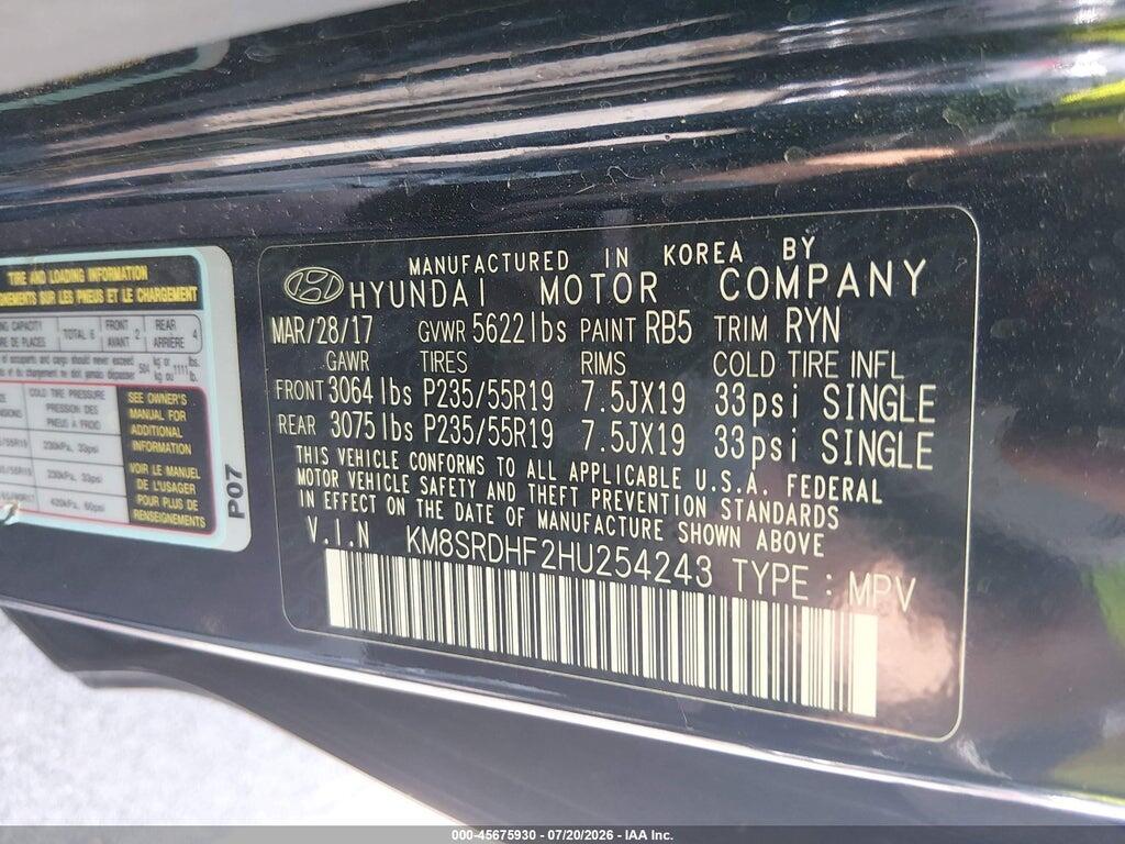 KM8SRDHF2HU254243 2017 HYUNDAI SANTA FE photo no. 9