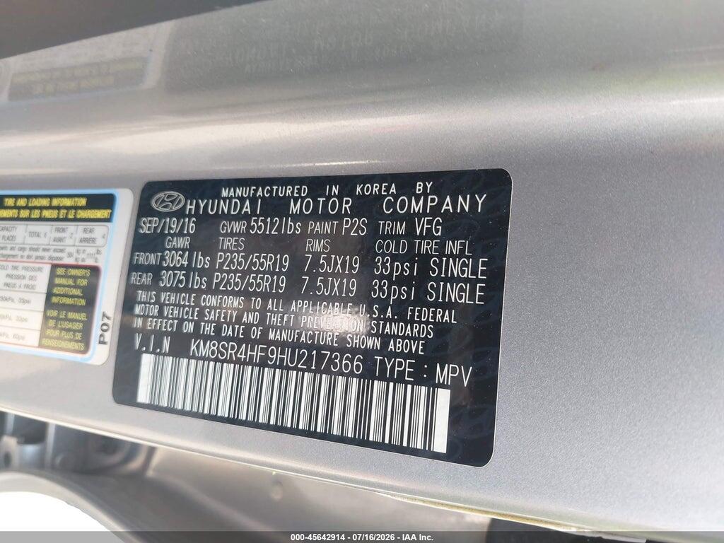 KM8SR4HF9HU217366 2017 HYUNDAI SANTA FE photo no. 9