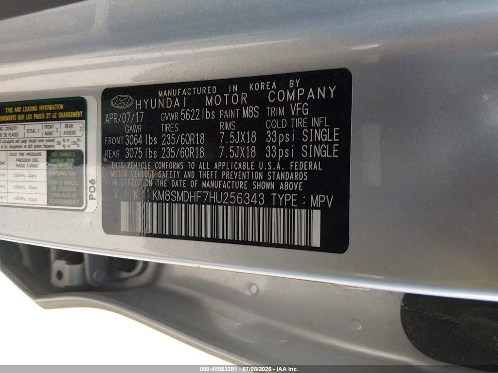 KM8SMDHF7HU256343 2017 HYUNDAI SANTA FE photo no. 9