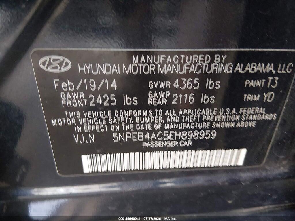 5NPEB4AC5EH898959 2014 HYUNDAI SONATA photo no. 9