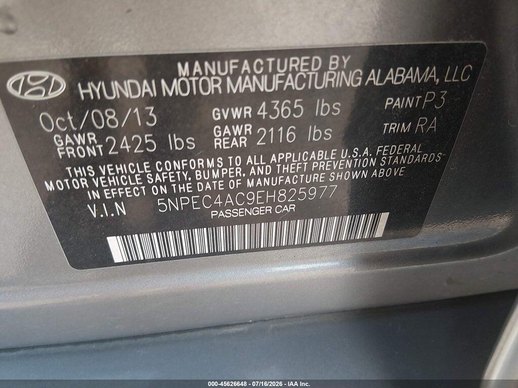 5NPEC4AC9EH825977 2014 HYUNDAI SONATA photo no. 9