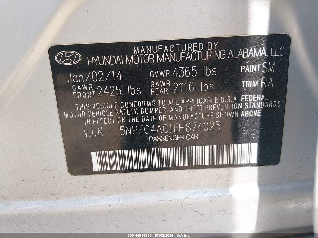 5NPEC4AC1EH874025 2014 HYUNDAI SONATA photo no. 9