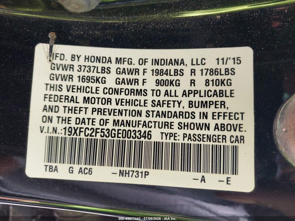 19XFC2F53GE003346 2016 HONDA CIVIC photo no. 9