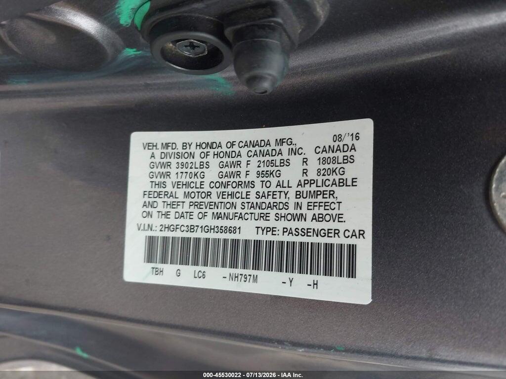 2HGFC3B71GH358681 2016 HONDA CIVIC photo no. 9