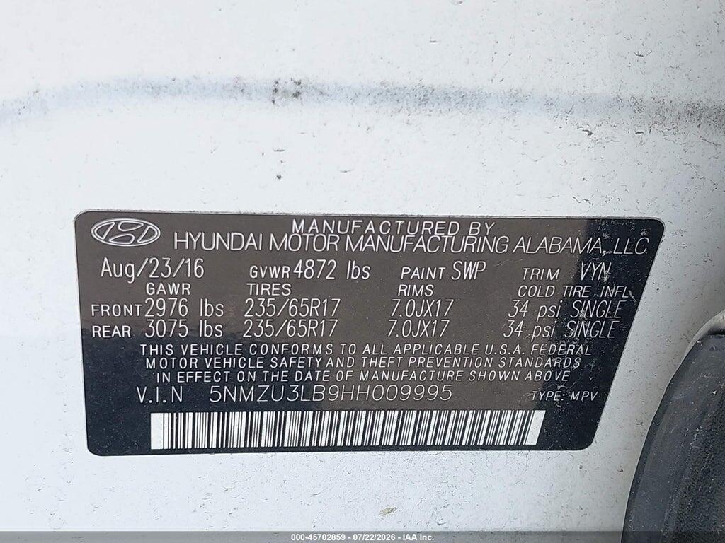 5NMZU3LB9HH009995 2017 HYUNDAI SANTA FE SPORT photo no. 9