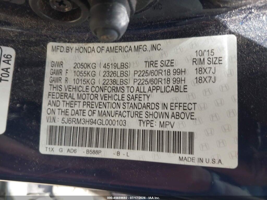 5J6RM3H94GL000103 2016 HONDA CR-V photo no. 9