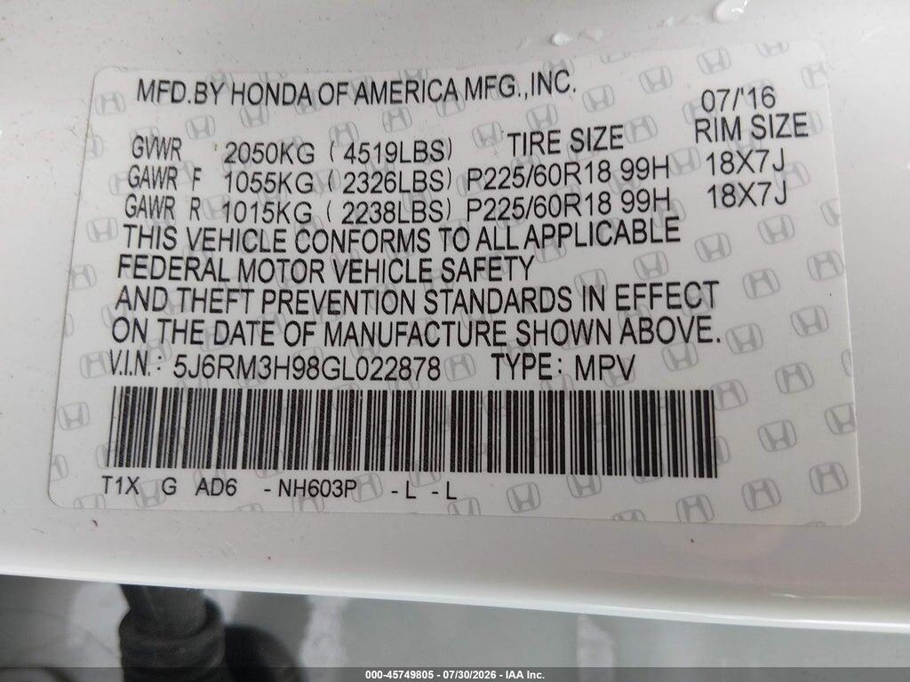 5J6RM3H98GL022878 2016 HONDA CR-V photo no. 9