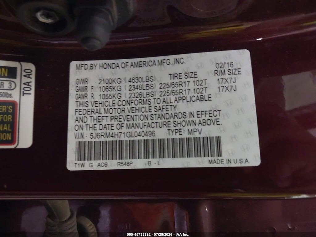 5J6RM4H71GL040496 2016 HONDA CR-V photo no. 9