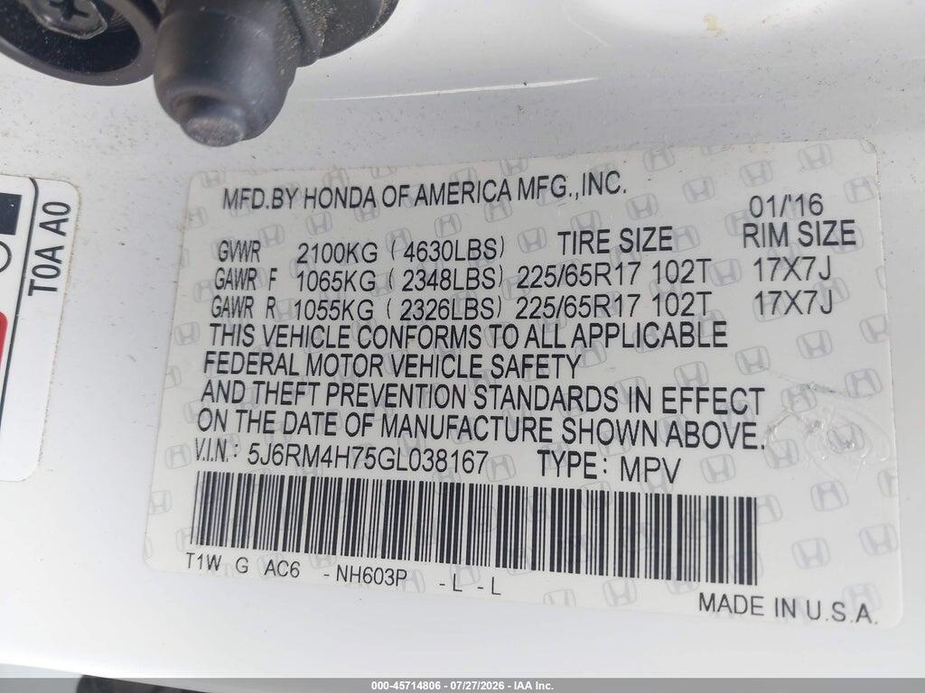 5J6RM4H75GL038167 2016 HONDA CR-V photo no. 9