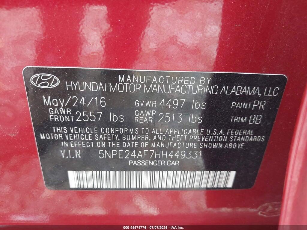 5NPE24AF7HH449331 2017 HYUNDAI SONATA photo no. 9