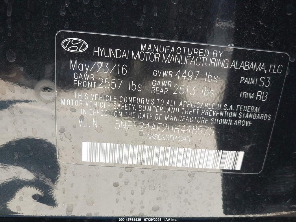 5NPE24AF2HH448975 2017 HYUNDAI SONATA photo no. 9