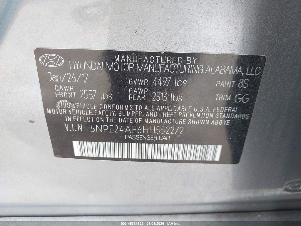 5NPE24AF6HH552272 2017 HYUNDAI SONATA photo no. 9