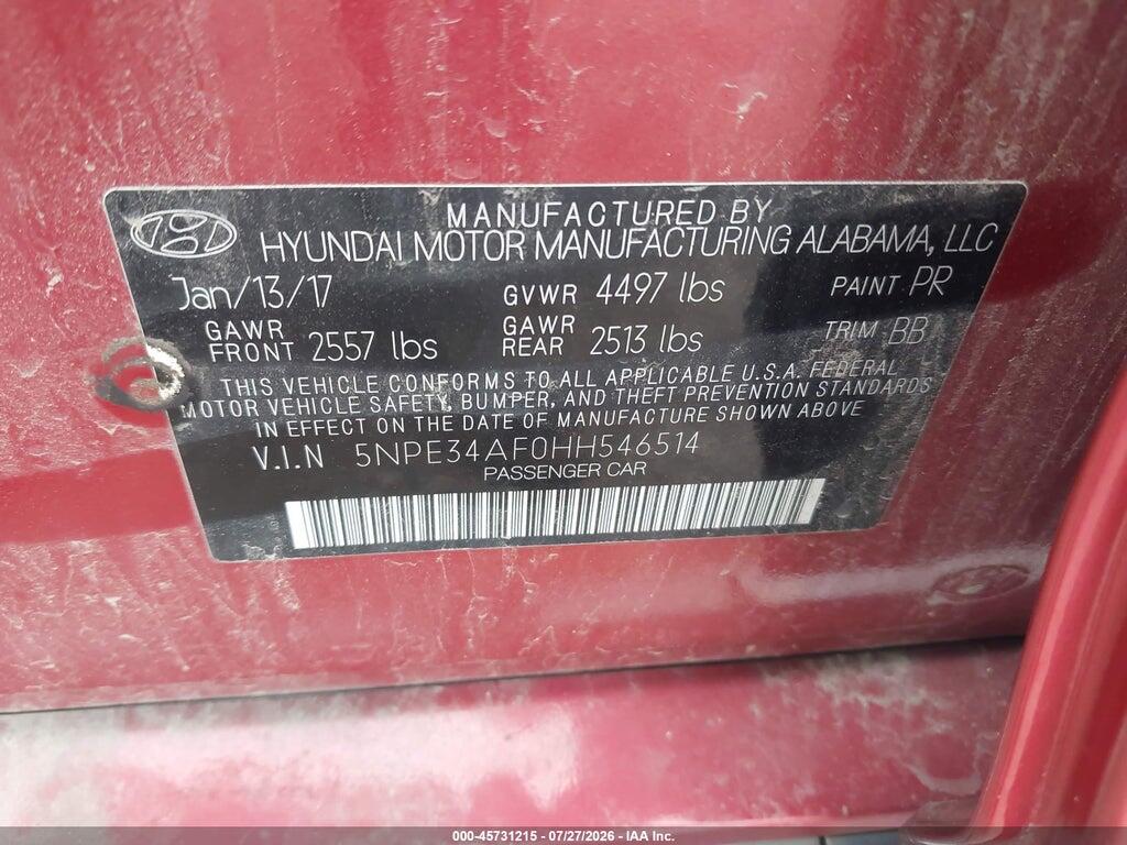 5NPE34AF0HH546514 2017 HYUNDAI SONATA photo no. 9
