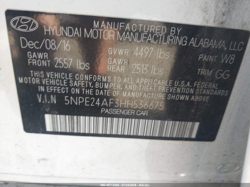 5NPE24AF3HH536675 2017 HYUNDAI SONATA photo no. 9
