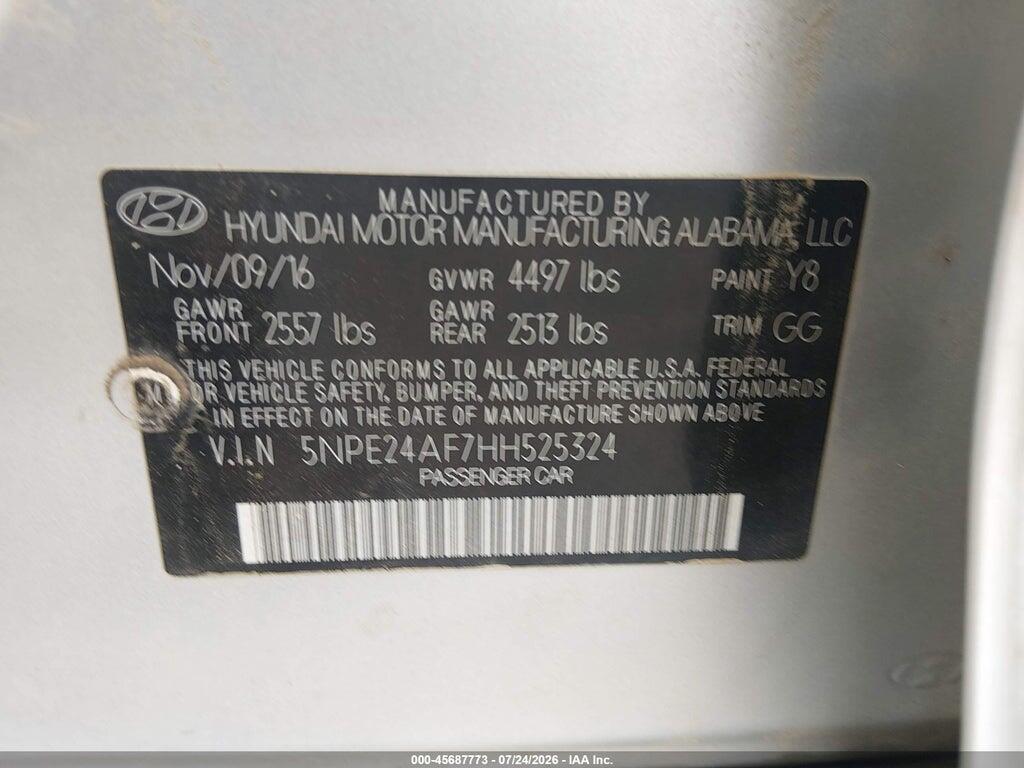 5NPE24AF7HH525324 2017 HYUNDAI SONATA photo no. 9