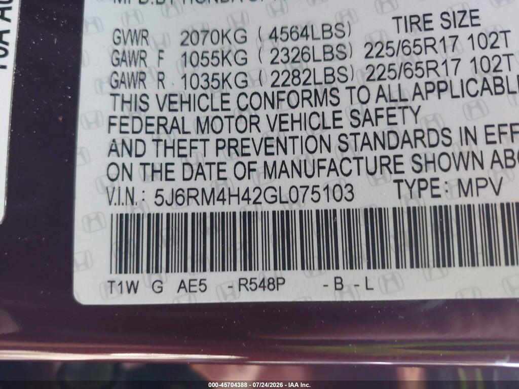 5J6RM4H42GL075103 2016 HONDA CR-V photo no. 9
